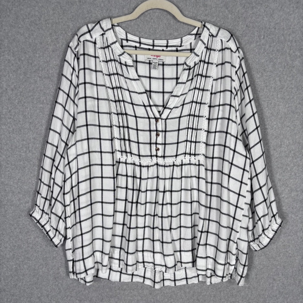 Wrangler Babydoll Flannel Peasant Top XXL White Black Plaid Henley Country Check